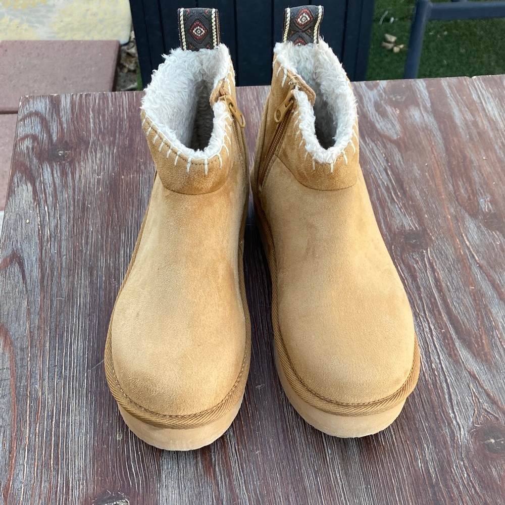 Muk Luks Tan Suede Faux-Fur Ankle Boots